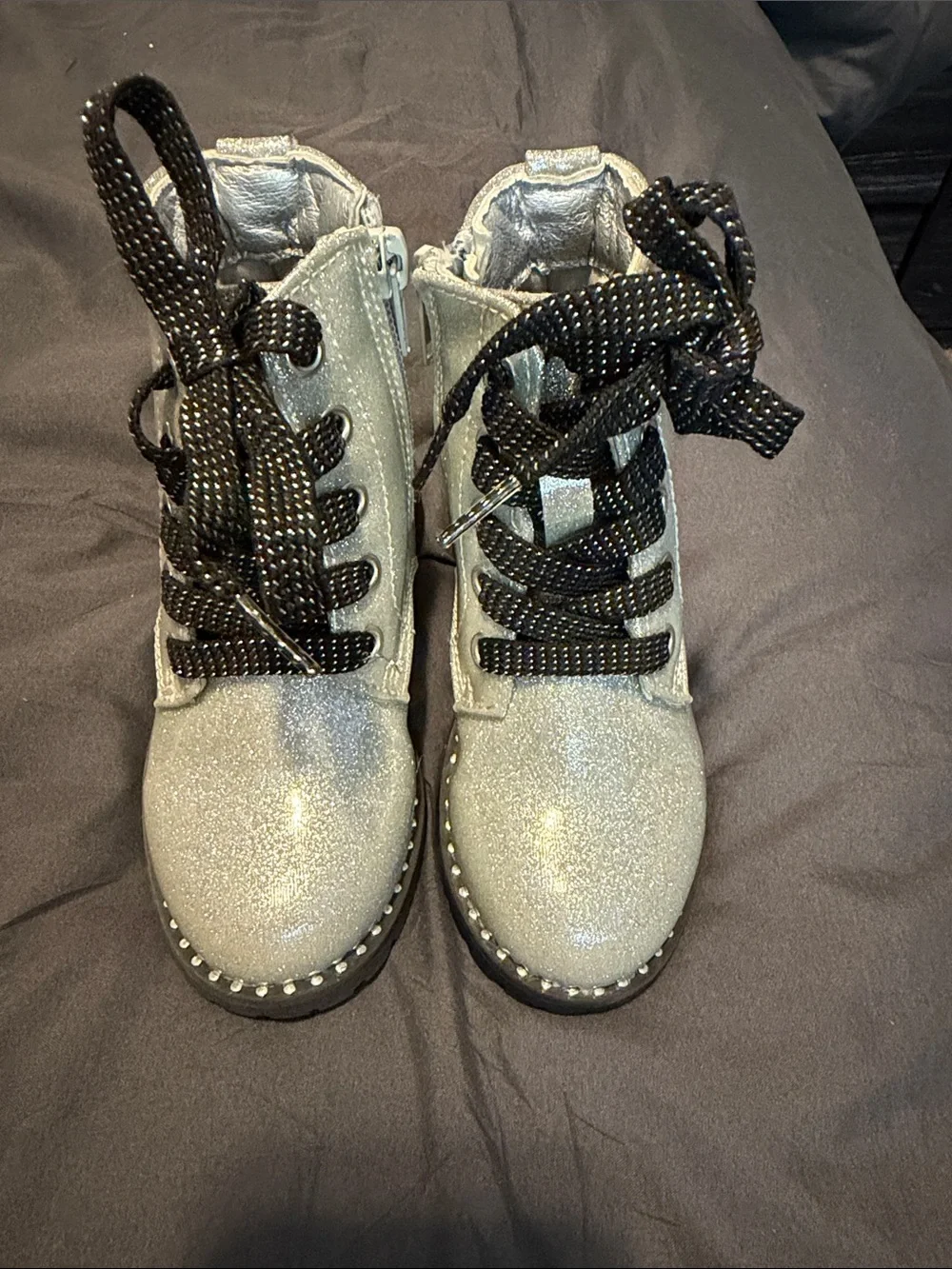 Kids Glitter Combat Boots - Silver